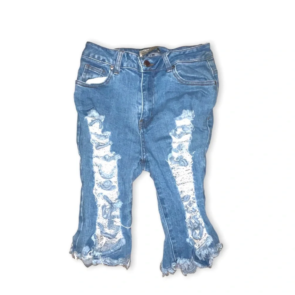 American Bazi Women's Blue Destroyed Denim Distressed Capri Knee Long Shorts